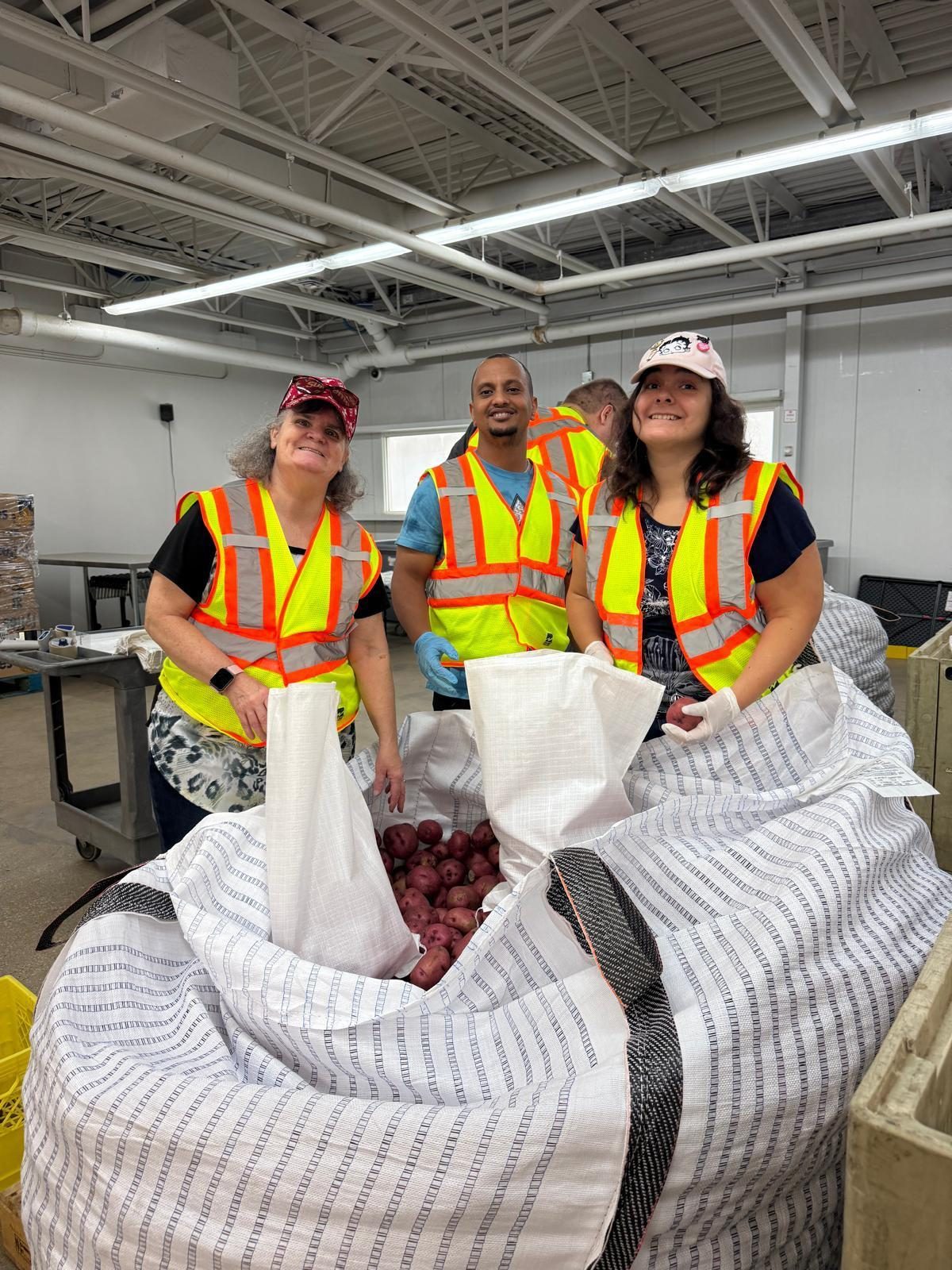 Three participants in safety vests bagging potatoes at a community food partner
